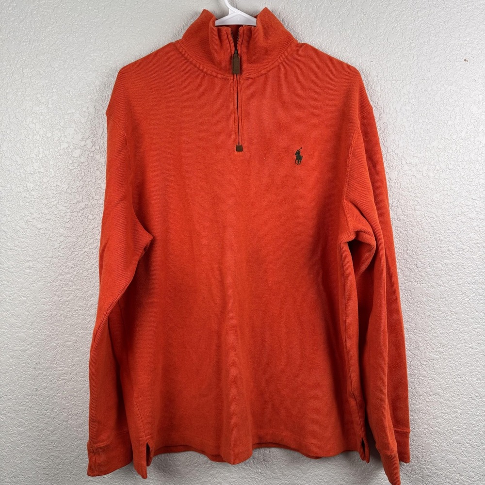 Polo Ralph Lauren Sweater Mens Large Orange Half Zip Mock Neck Cotton Pullover